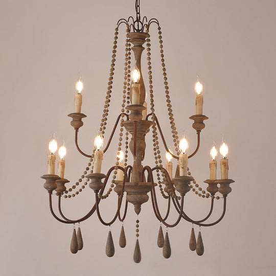 Countryside Distressed Wood Hanging Chandelier With Bead Strand Candelabra Design