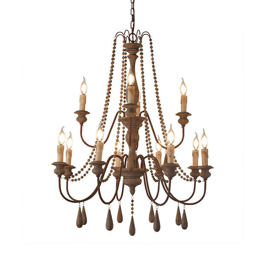 Countryside Distressed Wood Hanging Chandelier With Bead Strand Candelabra Design