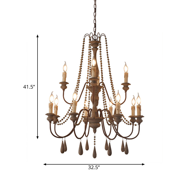 Countryside Distressed Wood Hanging Chandelier With Bead Strand Candelabra Design