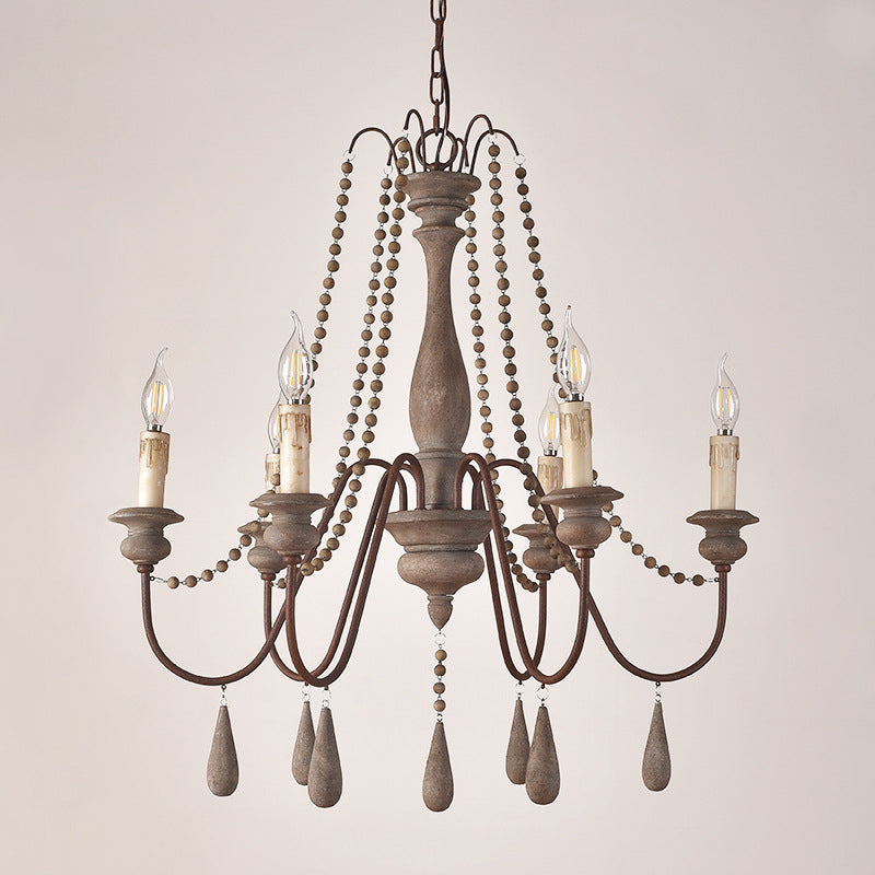 Countryside Distressed Wood Hanging Chandelier With Bead Strand Candelabra Design