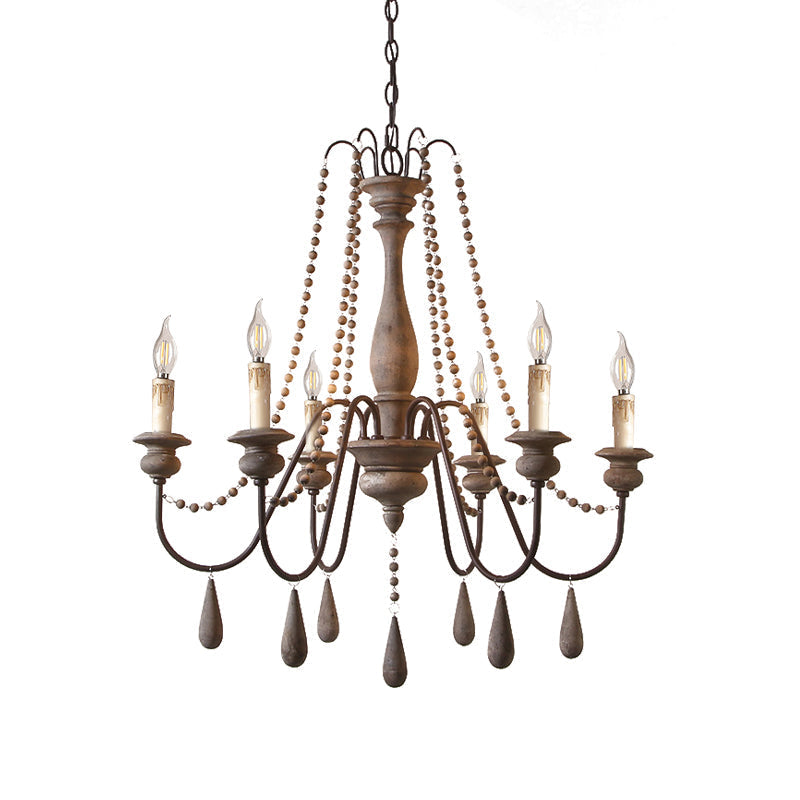 Countryside Distressed Wood Hanging Chandelier With Bead Strand Candelabra Design