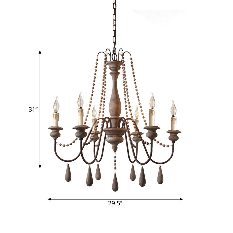 Countryside Distressed Wood Hanging Chandelier With Bead Strand Candelabra Design