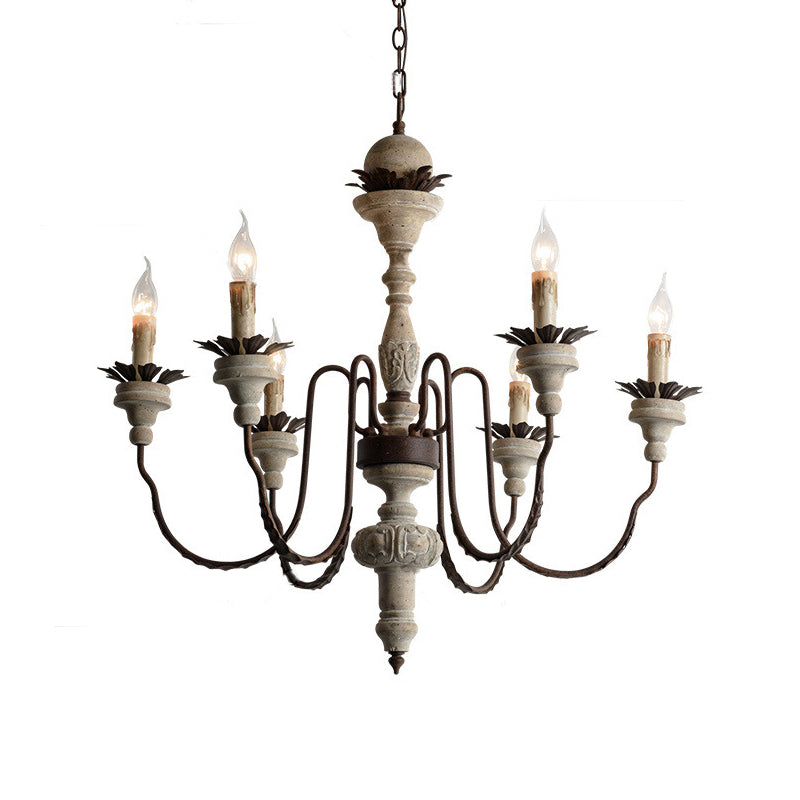 Traditional Wood Pendant Chandelier - 6 Lights Distressed White Living Room Lighting