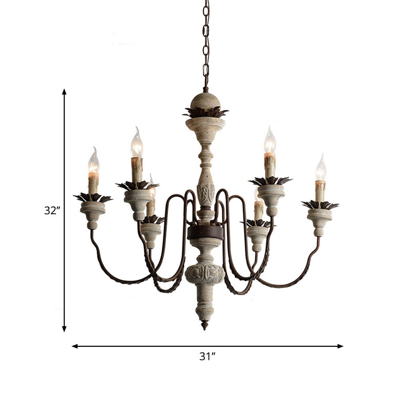 Traditional Wood Pendant Chandelier - 6 Lights Distressed White Living Room Lighting