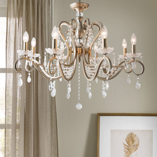 Metal Chandelier Pendant Light With Scrolled Arm Crystal Accent - Traditional Living Room Lighting