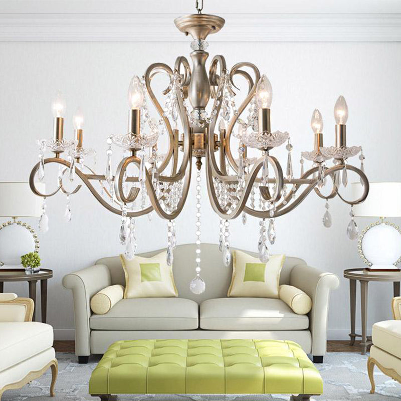 Metal Chandelier Pendant Light With Scrolled Arm Crystal Accent - Traditional Living Room Lighting