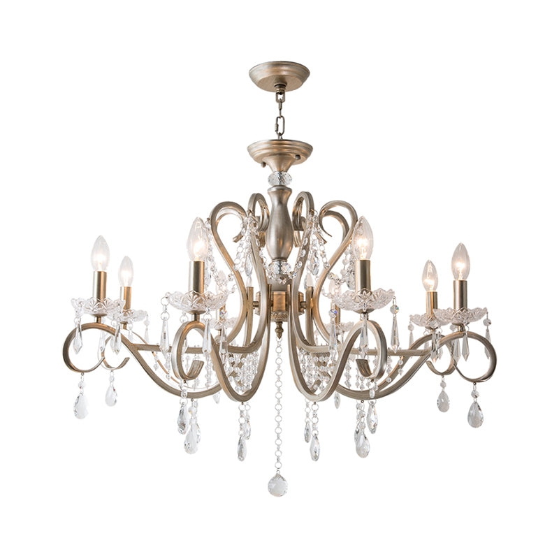 Metal Chandelier Pendant Light With Scrolled Arm Crystal Accent - Traditional Living Room Lighting