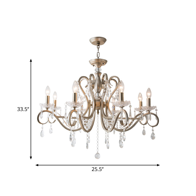 Metal Chandelier Pendant Light With Scrolled Arm Crystal Accent - Traditional Living Room Lighting