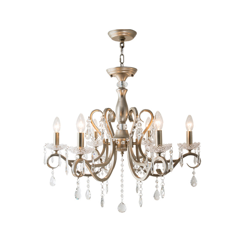 Metal Chandelier Pendant Light With Scrolled Arm Crystal Accent - Traditional Living Room Lighting