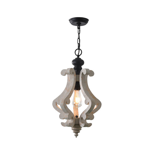 Distressed White Wood Pendant Light With Scrolled Frame And Traditional Style