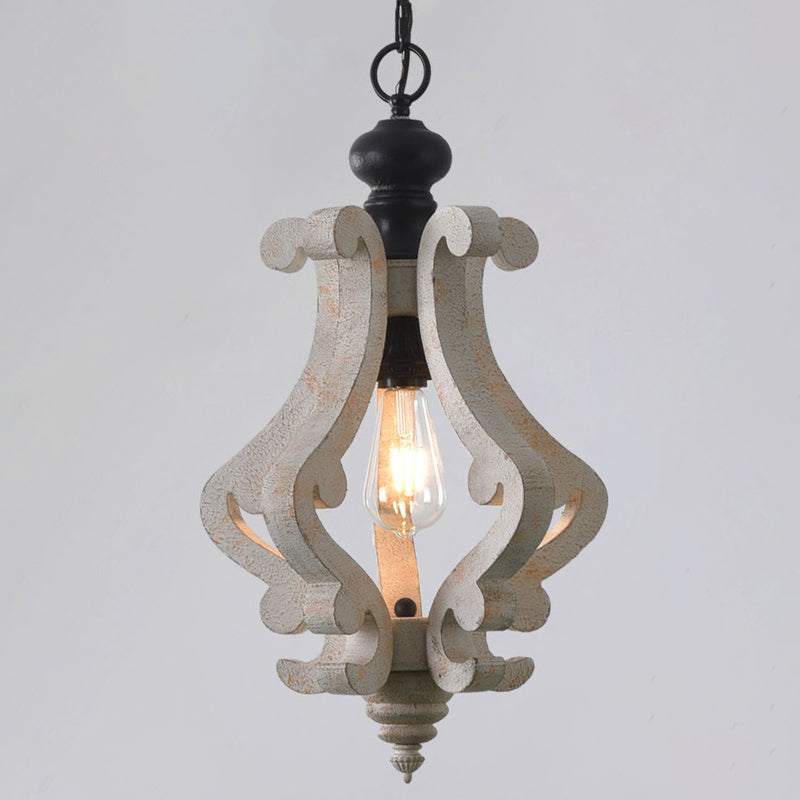 Distressed White Wood Pendant Light With Scrolled Frame And Traditional Style