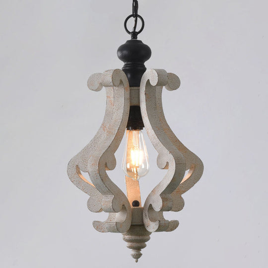 Distressed White Wood Pendant Light With Scrolled Frame And Traditional Style