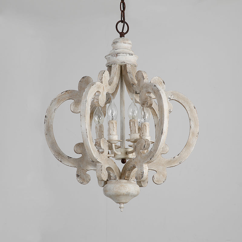 Rustic Wood Quatrefoil Cage Chandelier With 6 Distressed White Lights - Bedroom Hanging Lighting