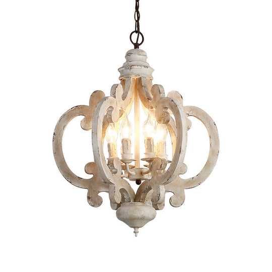 Rustic Wood Quatrefoil Cage Chandelier With 6 Distressed White Lights - Bedroom Hanging Lighting