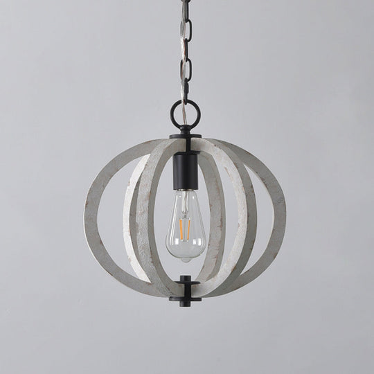 Distressed White Wood Caged Pendant Light Kit For Dining Room