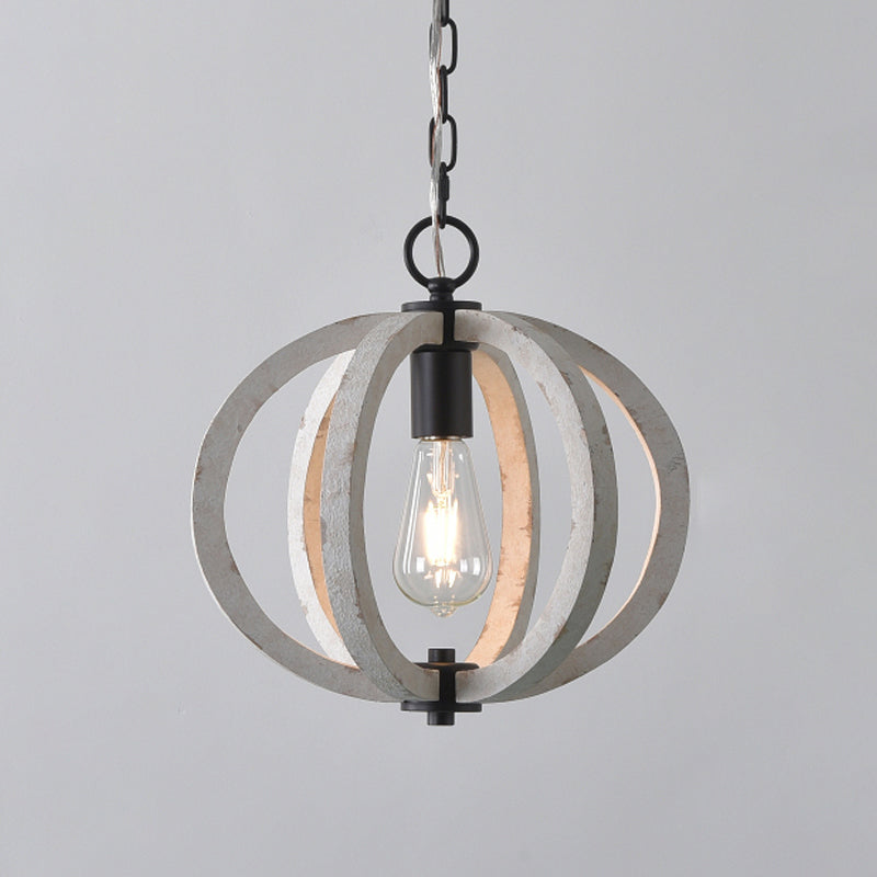 Distressed White Wood Caged Pendant Light Kit For Dining Room