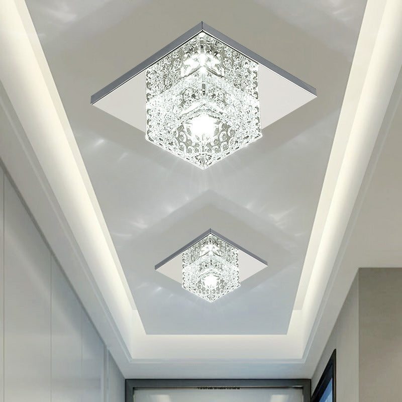 Faceted Crystal Close-To-Ceiling Flush Light Fixture - Modern Cubic Corridor Lamp In Chrome+ Chrome