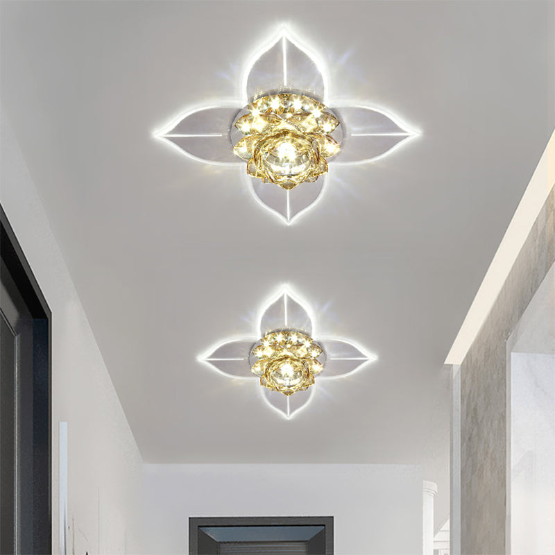 Minimal LED Flower Flush Mount Light: Clear Crystal Ceiling Lamp for Porch