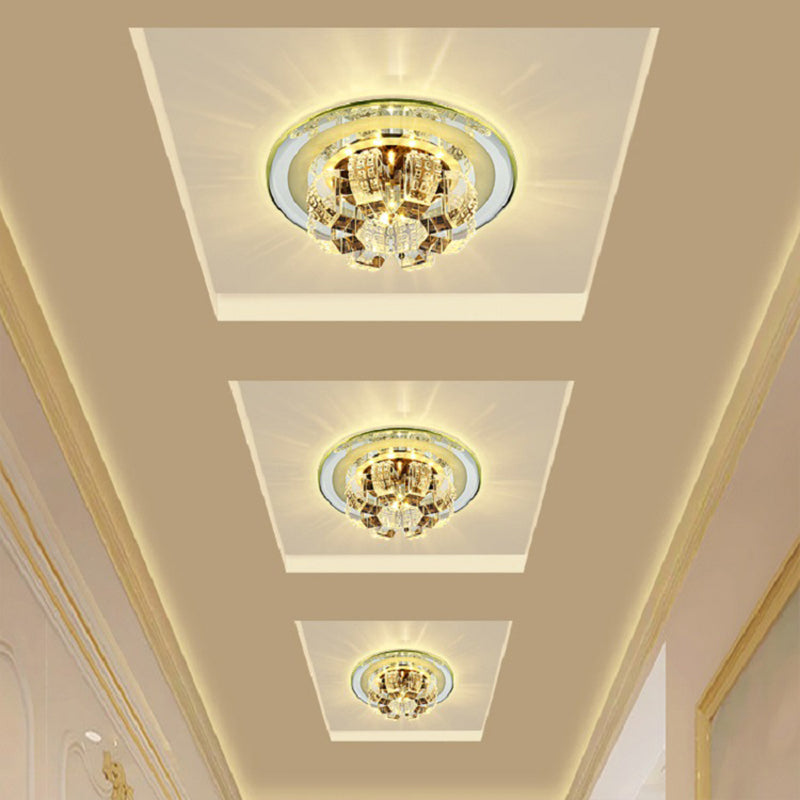 Modern LED Flush Mount Lighting - Chrome Floral Ceiling Light with Crystal Shade