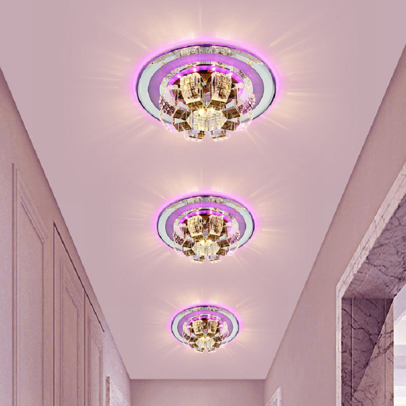 Modern LED Flush Mount Lighting - Chrome Floral Ceiling Light with Crystal Shade