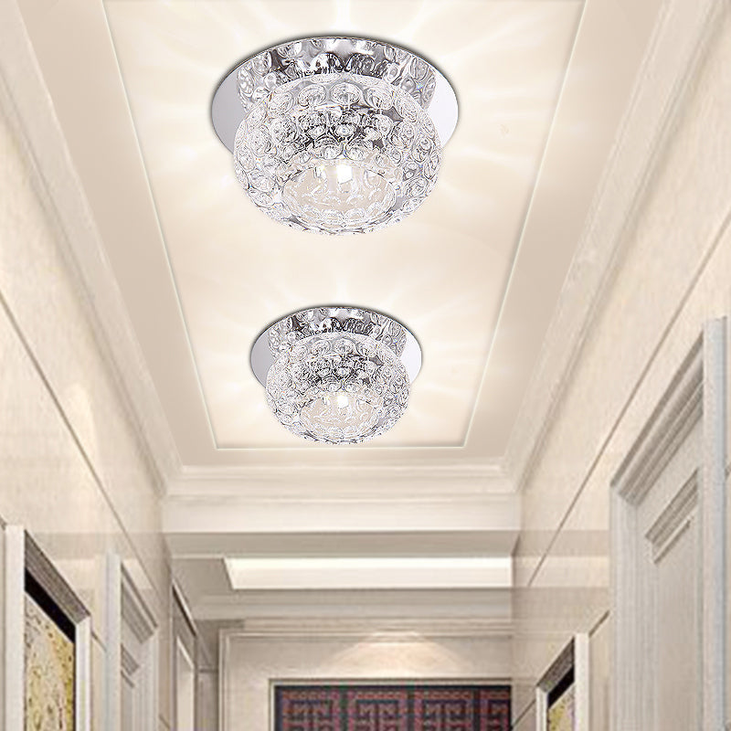 Modern LED Flush Mount Ceiling Light in Chrome - Clear Crystal Round Design for Corridor