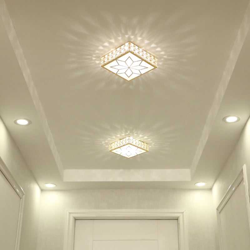 Gold Square Flush Ceiling Light with Faceted Crystal LED and Star Pattern – Modern & Elegant Corridor Fixture