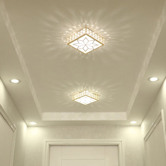 Gold Square Flush Ceiling Light With Faceted Crystal Led And Star Pattern Modern & Elegant Corridor