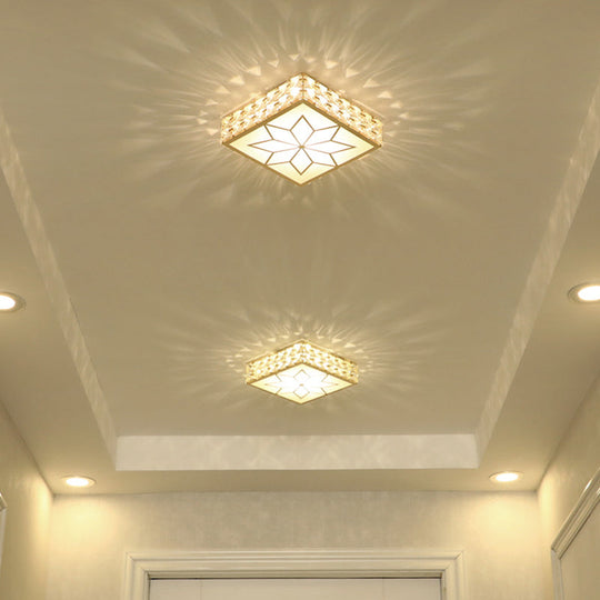 Gold Square Flush Ceiling Light with Faceted Crystal LED and Star Pattern – Modern & Elegant Corridor Fixture