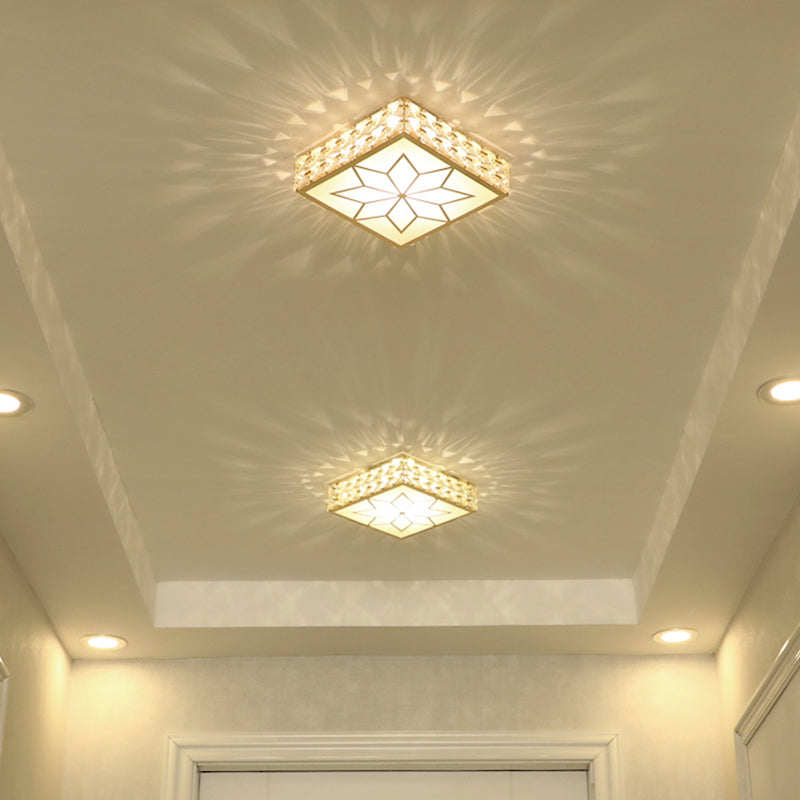 Gold Square Flush Ceiling Light With Faceted Crystal Led And Star Pattern Modern & Elegant Corridor