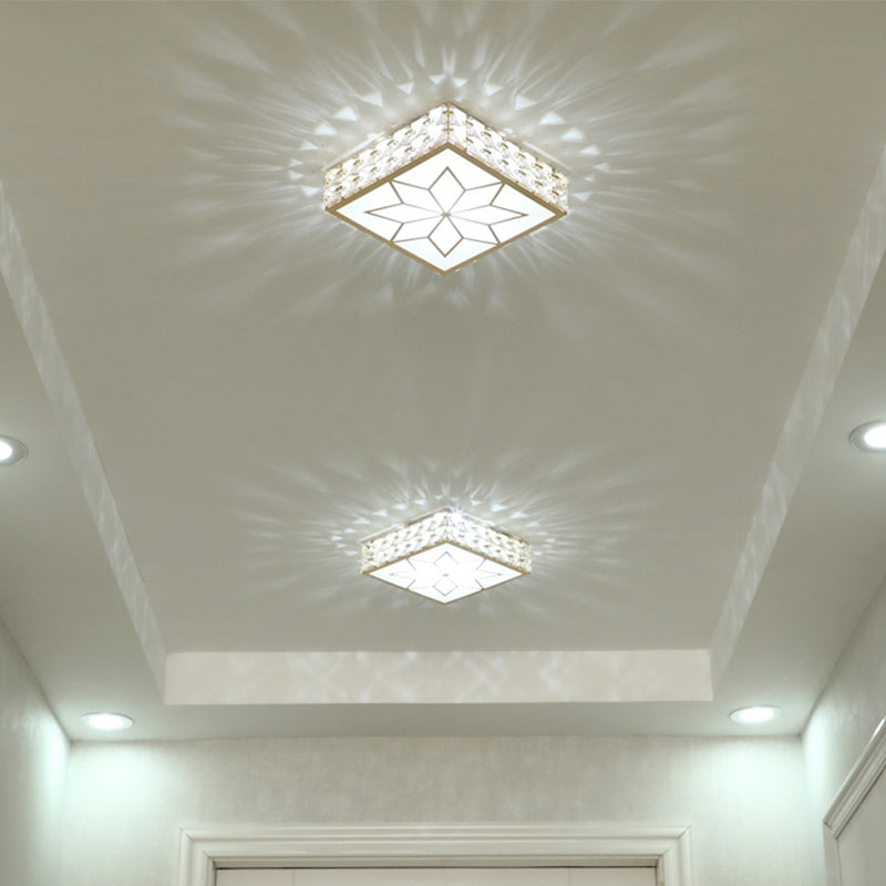 Gold Square Flush Ceiling Light with Faceted Crystal LED and Star Pattern – Modern & Elegant Corridor Fixture