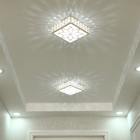 Gold Square Flush Ceiling Light With Faceted Crystal Led And Star Pattern Modern & Elegant Corridor