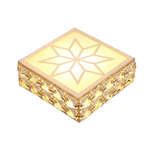 Gold Square Flush Ceiling Light with Faceted Crystal LED and Star Pattern – Modern & Elegant Corridor Fixture