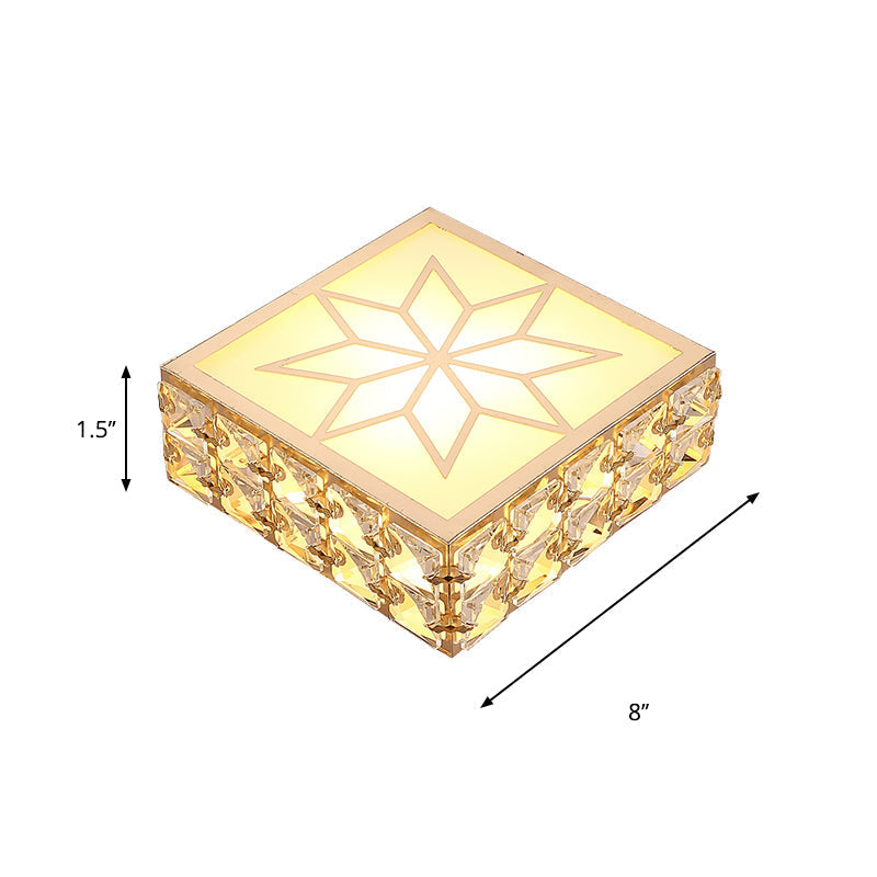 Gold Square Flush Ceiling Light With Faceted Crystal Led And Star Pattern Modern & Elegant Corridor