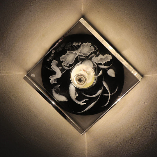 Modern Led Flush Mount With Clear Crystal Square And Carved Flower Design