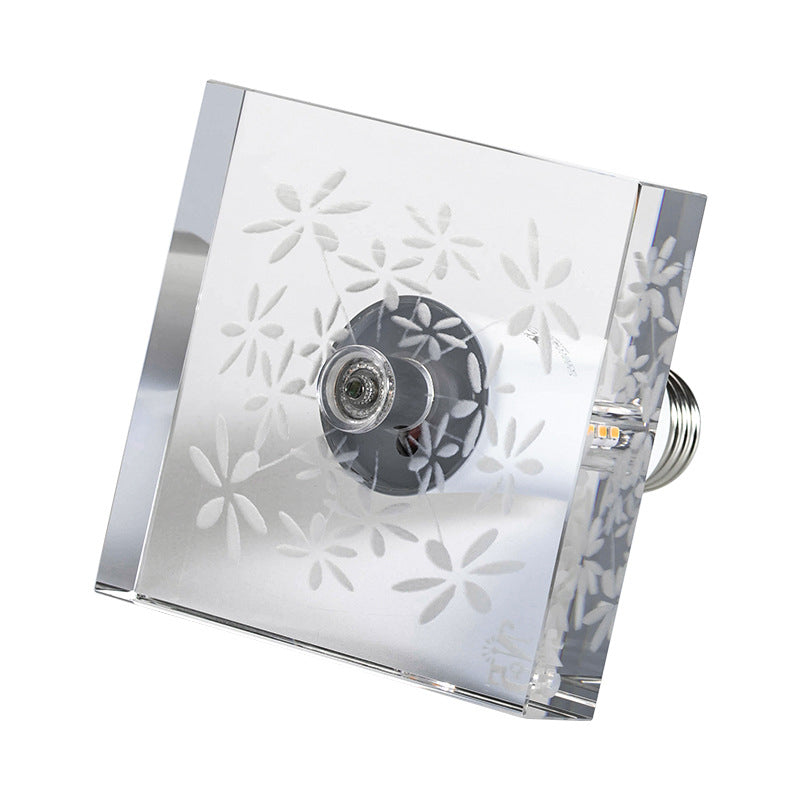 Modern LED Flush Mount with Clear Crystal Square and Carved Flower Design