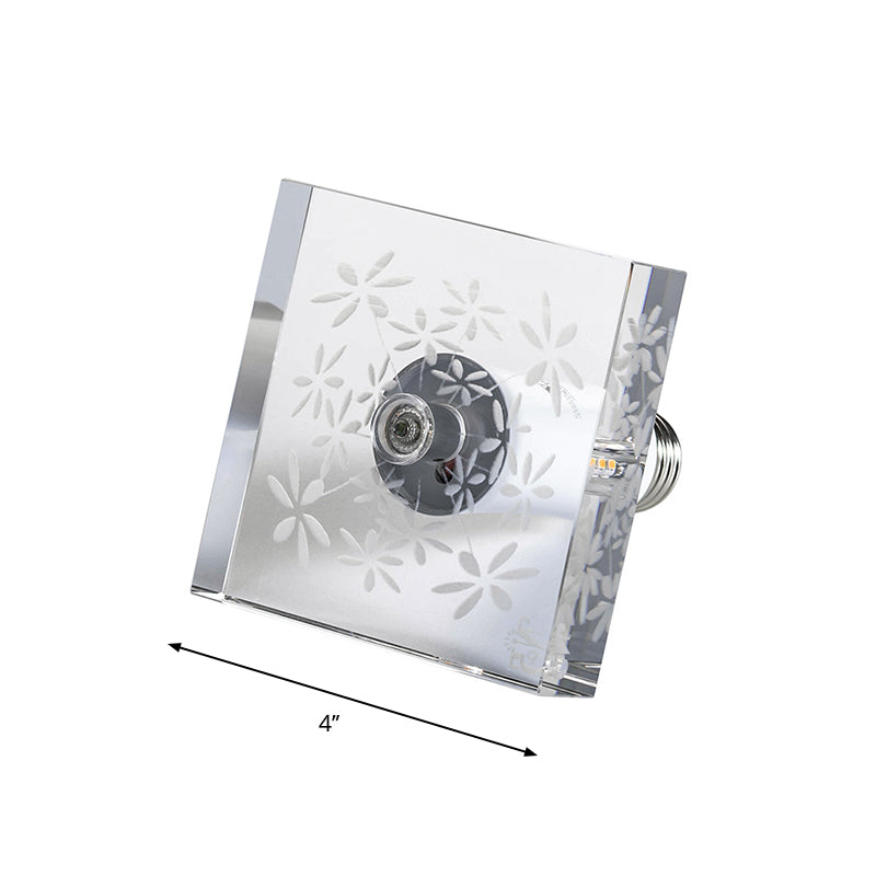 Modern LED Flush Mount with Clear Crystal Square and Carved Flower Design