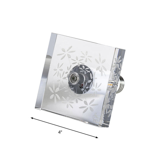 Modern Led Flush Mount With Clear Crystal Square And Carved Flower Design