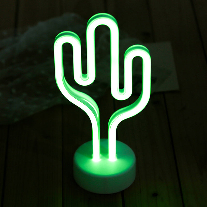 Contemporary Battery Operated Led Cactus Nightstand Lamp - White Plastic Table Lighting