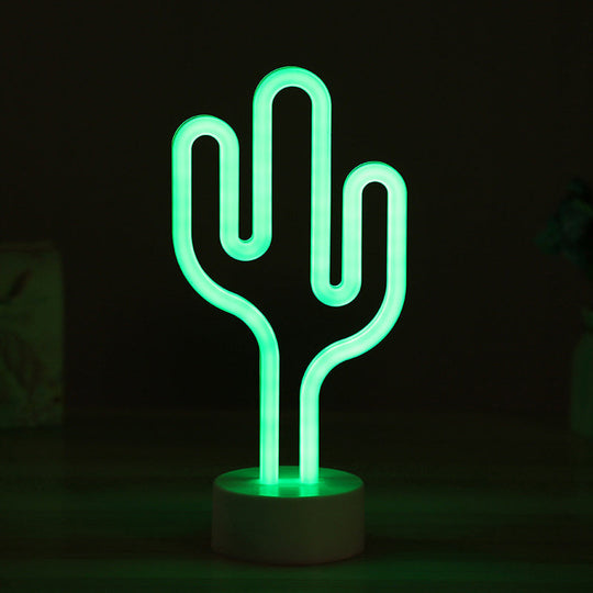 Contemporary Battery Operated Led Cactus Nightstand Lamp - White Plastic Table Lighting