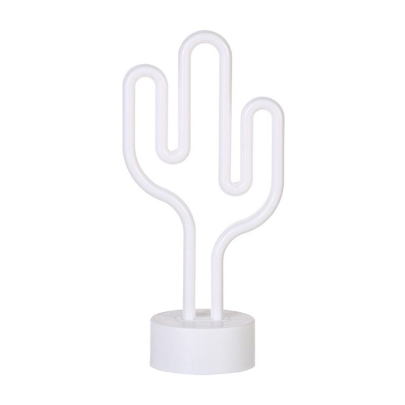 Contemporary Battery Operated Led Cactus Nightstand Lamp - White Plastic Table Lighting