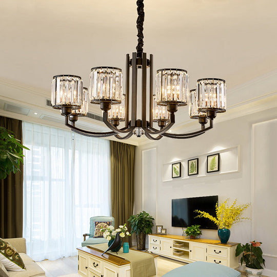 Classic Black Cylinder Pendant Light With Faceted Crystal: Elegant Living Room Chandelier