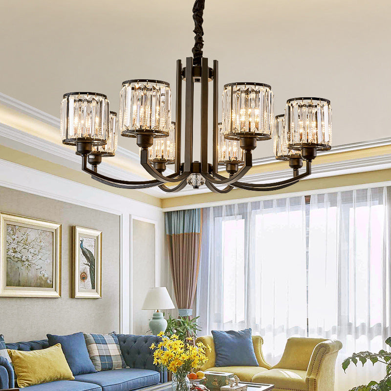 Classic Black Cylinder Pendant Light With Faceted Crystal: Elegant Living Room Chandelier