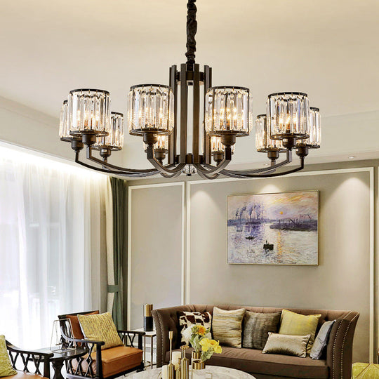 Classic Black Cylinder Pendant Light With Faceted Crystal: Elegant Living Room Chandelier 10 /