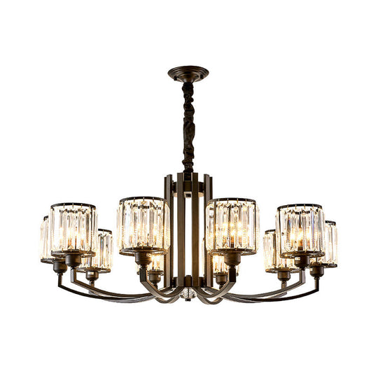 Classic Black Cylinder Pendant Light With Faceted Crystal: Elegant Living Room Chandelier