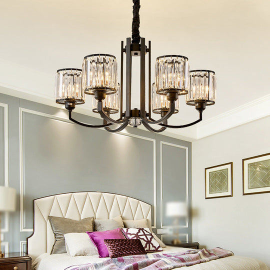 Classic Black Cylinder Pendant Light With Faceted Crystal: Elegant Living Room Chandelier