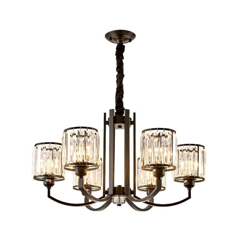 Classic Black Cylinder Pendant Light With Faceted Crystal: Elegant Living Room Chandelier