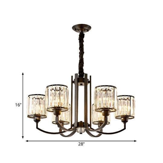 Classic Black Cylinder Pendant Light With Faceted Crystal: Elegant Living Room Chandelier