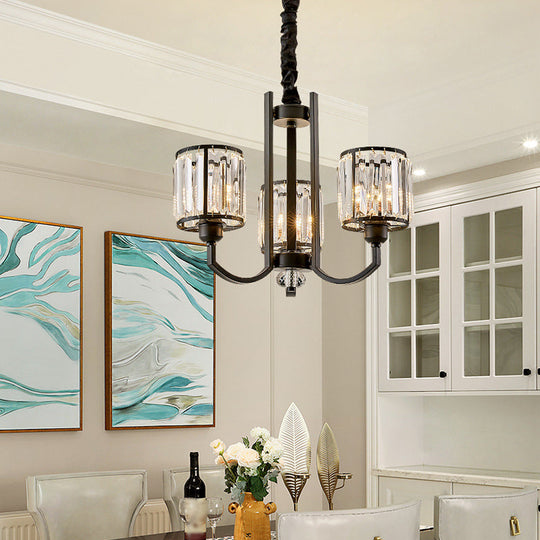 Classic Black Cylinder Pendant Light With Faceted Crystal: Elegant Living Room Chandelier