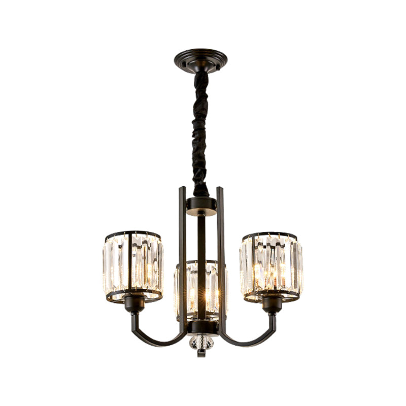 Classic Black Cylinder Pendant Light With Faceted Crystal: Elegant Living Room Chandelier