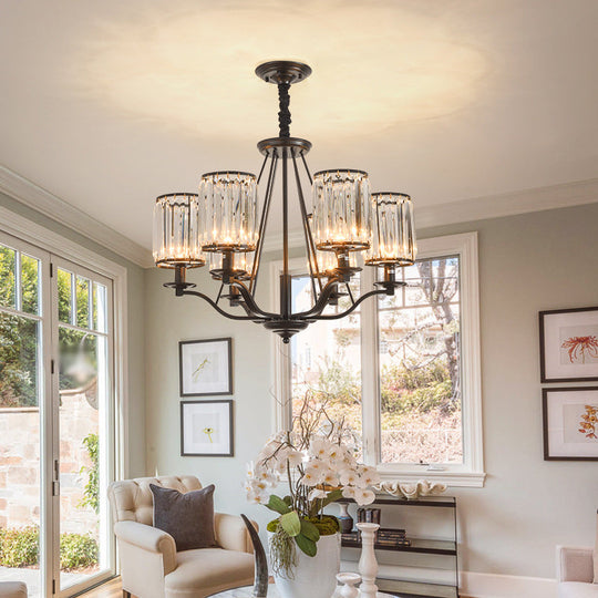 Black Crystal Beveled Pendant Light - Cylinder Chandelier For Living Room Ceiling Country Style